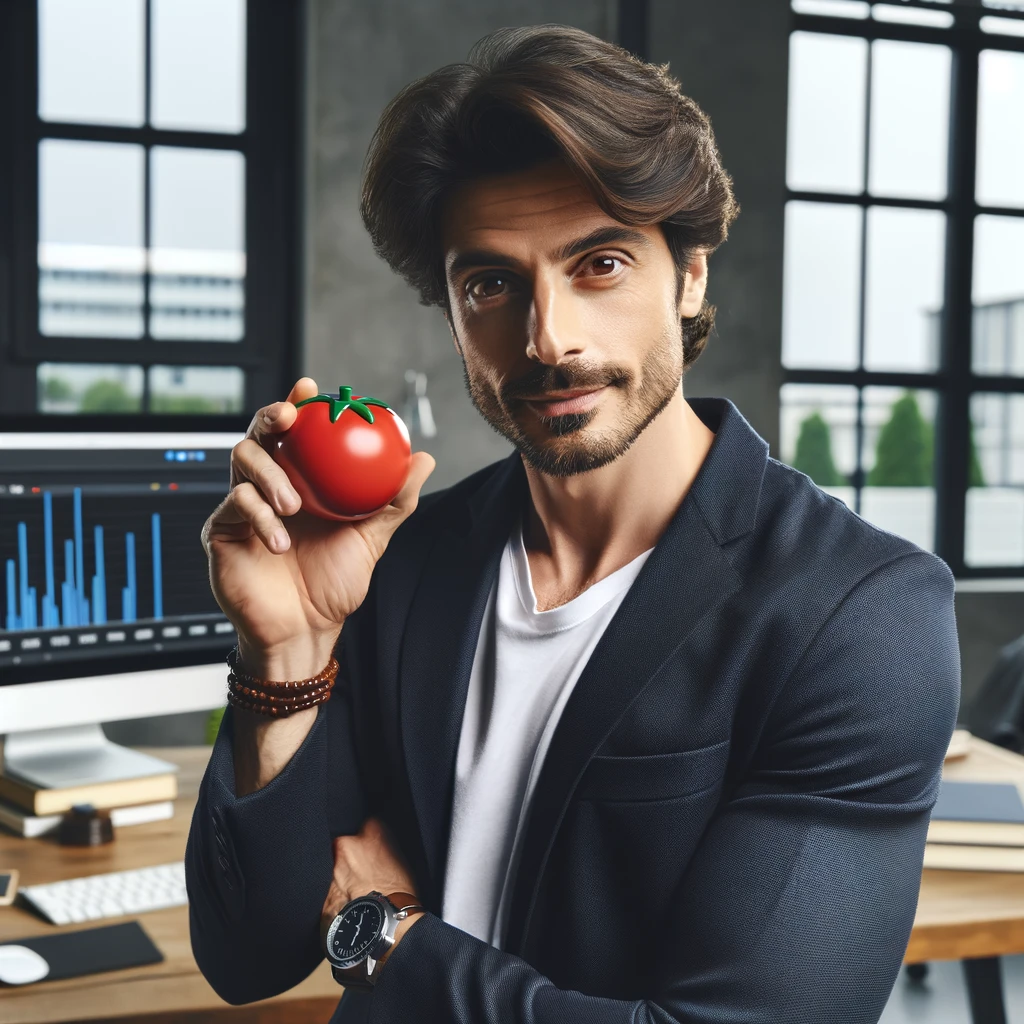 Francesco Cirillo with a tomato-shaped kitchen timer